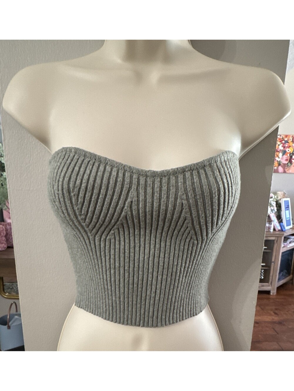 Zara Gray Ribbed Knit Strapless Cropped Tube Top Women's Medium